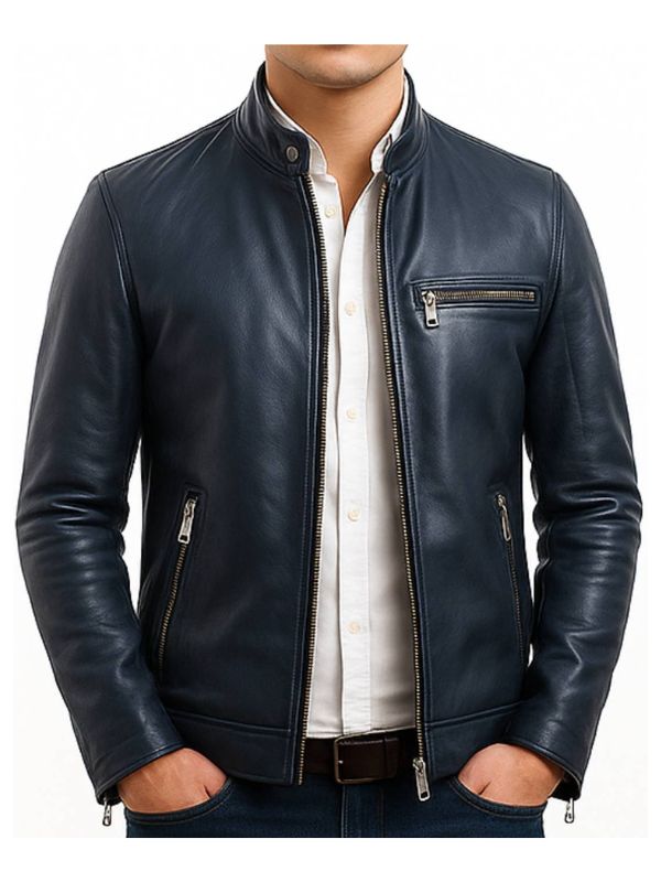 Men's Harrison Blue Leather Biker Jacket
