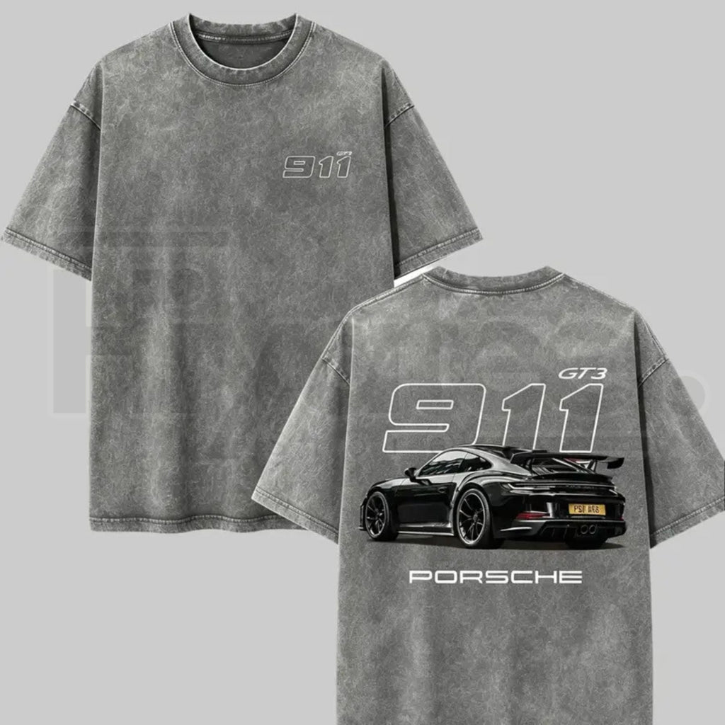 Heavyweight Vintage Washed Grey Porsche 911 GT3 Graphic T-Shirt – Retro German Supercar Track Day Tee