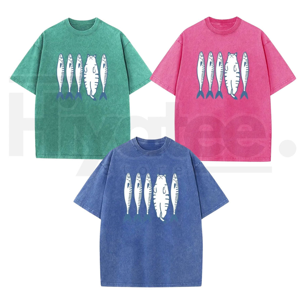 Holafish Cat & Fish Cartoon Vintage Acid Wash T-Shirt – Loose Drop Shoulder Pure Cotton Summer Tee