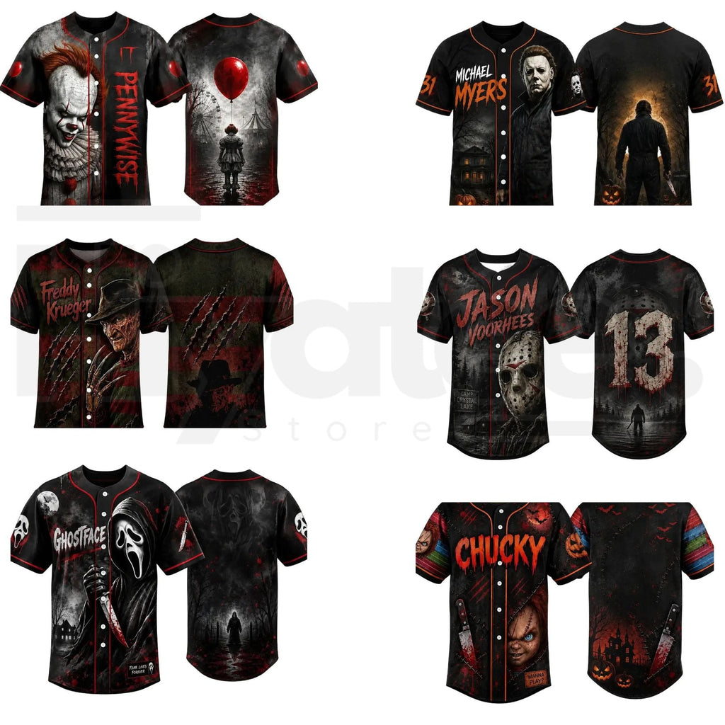 Horror Slasher Baseball Jersey – Classic Movie Characters Spooky Squad Shirt