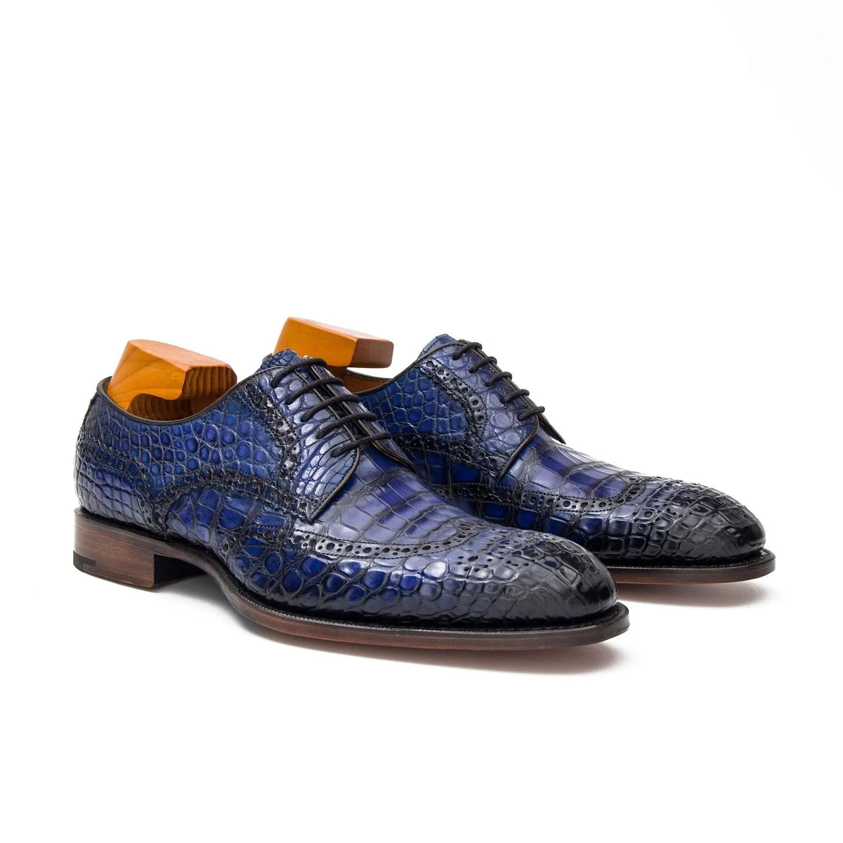 Blue Cap-Toe Crocodile Leather Derby Shoes