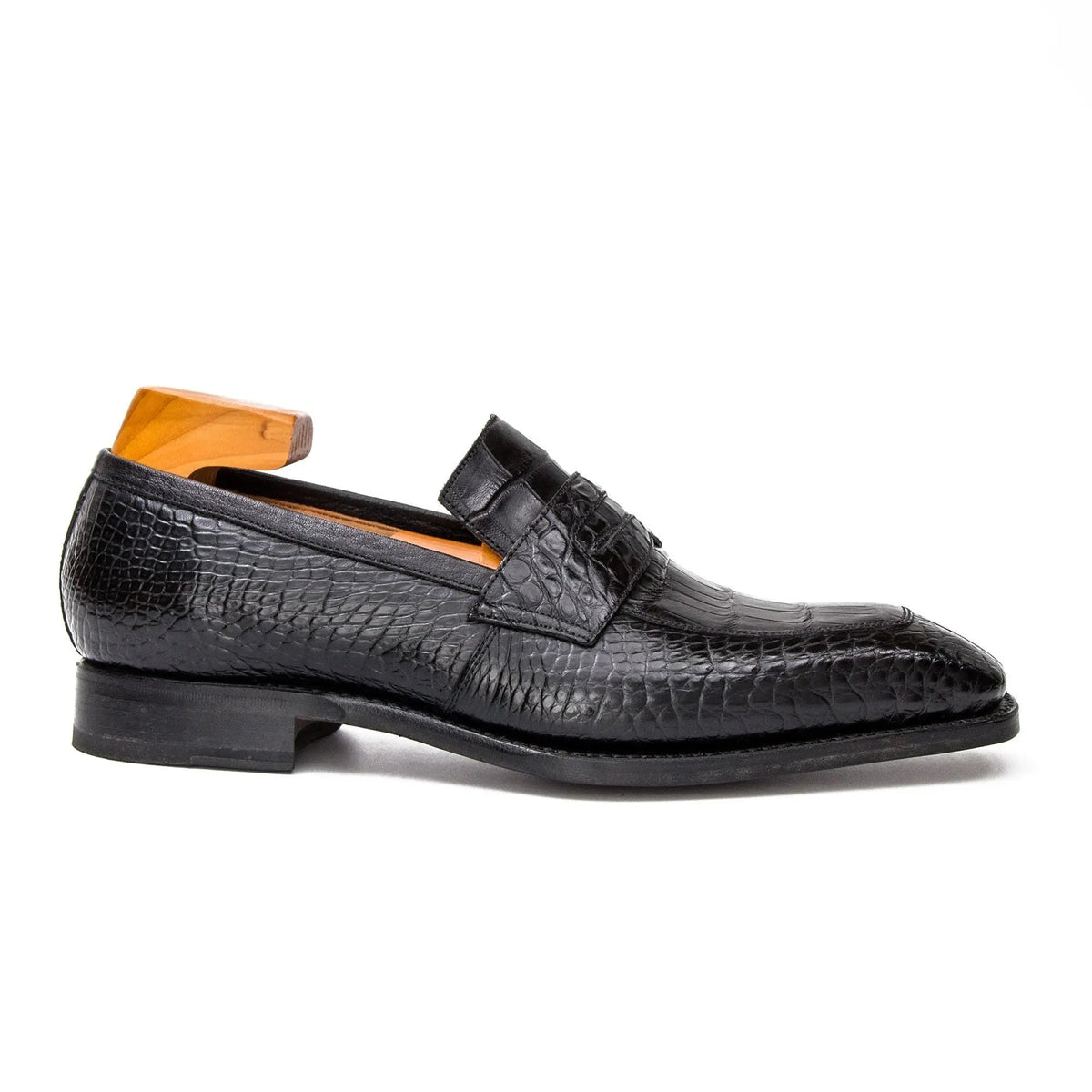 Black Apron-Toe Crocodile Leather Loafers