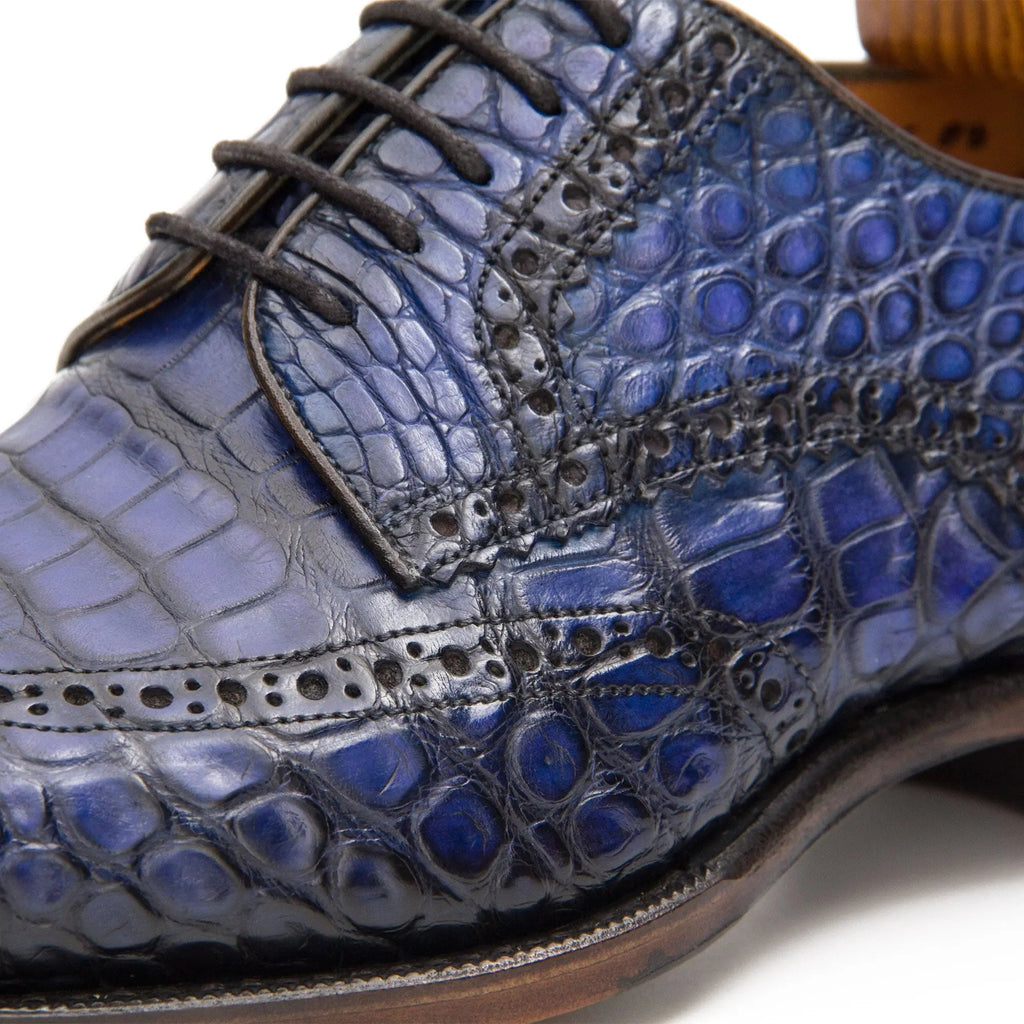 Blue Cap-Toe Crocodile Leather Derby Shoes