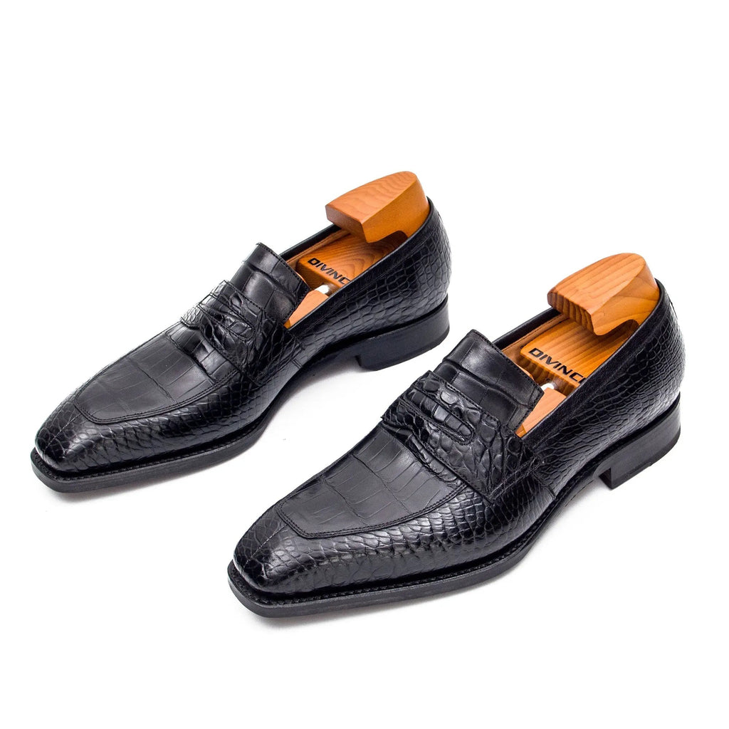 Black Apron-Toe Crocodile Leather Loafers
