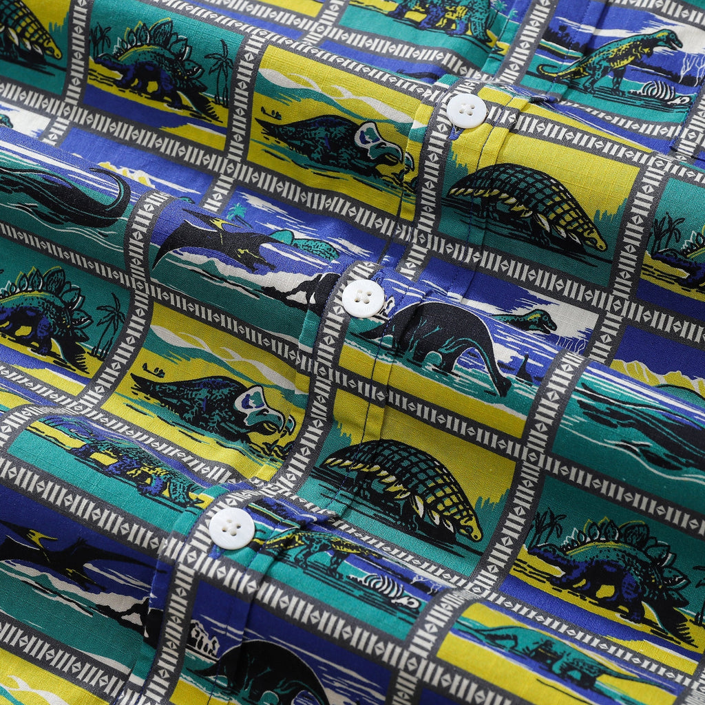 Hawaiian Shirts for Men Retro Dinosaur Stamp Collection 100% Cotton Short-Sleeve By Amy