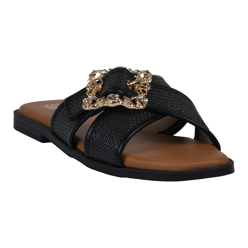 Women's Ivy Black Woven Flat Sandals