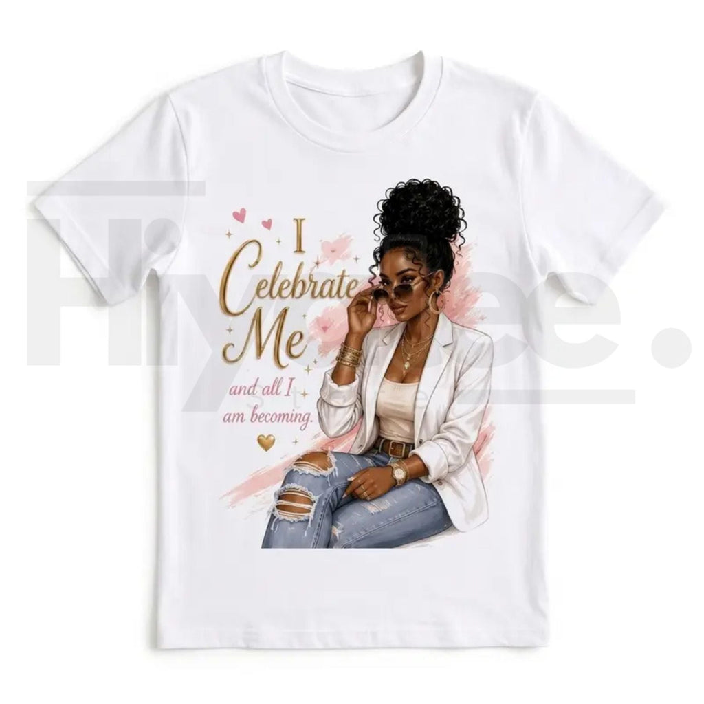 I Celebrate Me Metallic Golden Typography T-Shirt – Vintage Graphic Tee