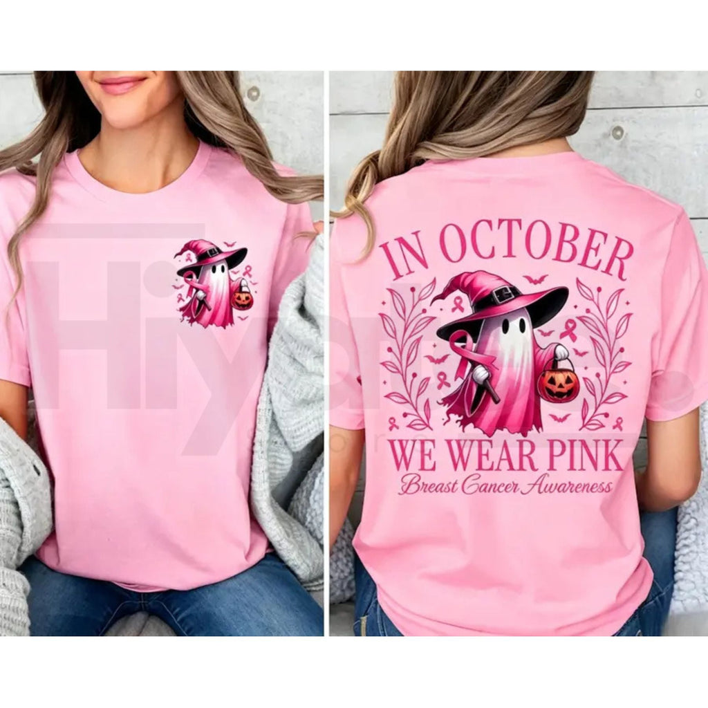 In October We Wear Pink Ghost T-Shirt – Halloween Breast Cancer Awareness Tee