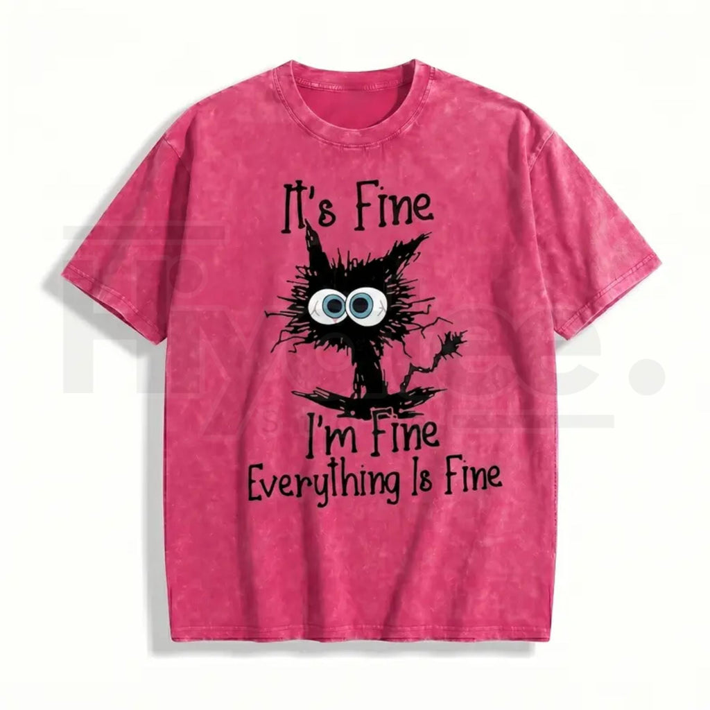 "It's Fine I'm Fine" Funny Cat T-Shirt – Premium Heavyweight Acid Wash Vintage Tee