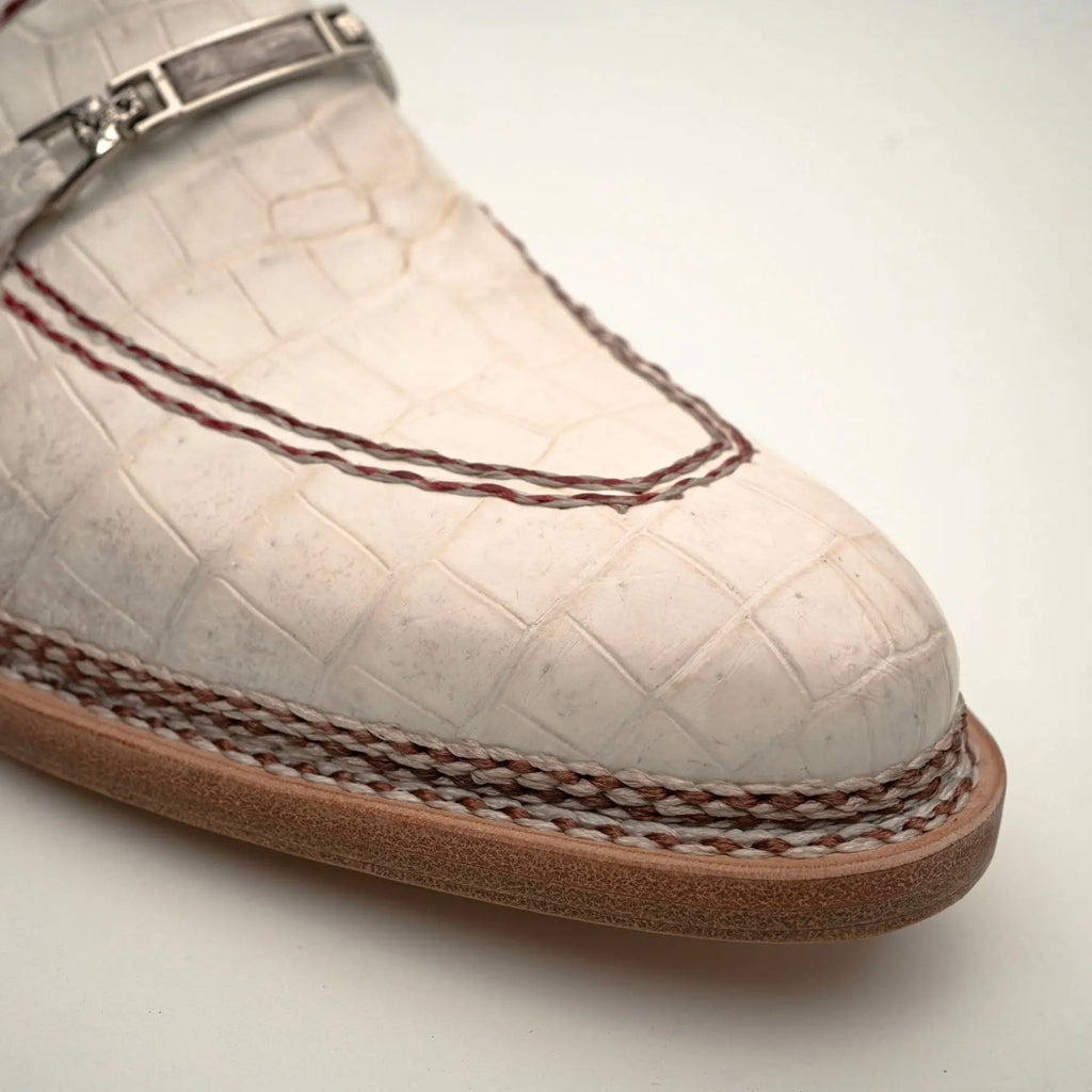 White Apron-Toe Crocodile Leather Loafers