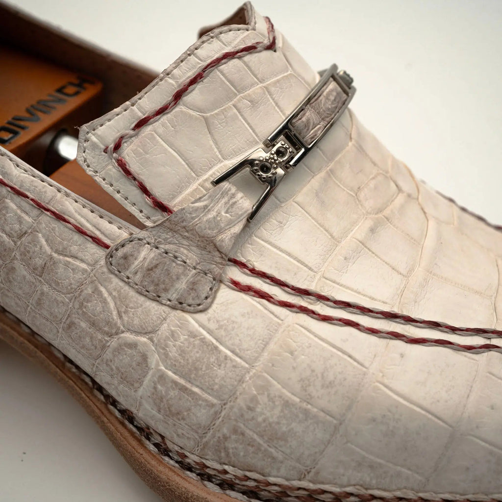 White Apron-Toe Crocodile Leather Loafers