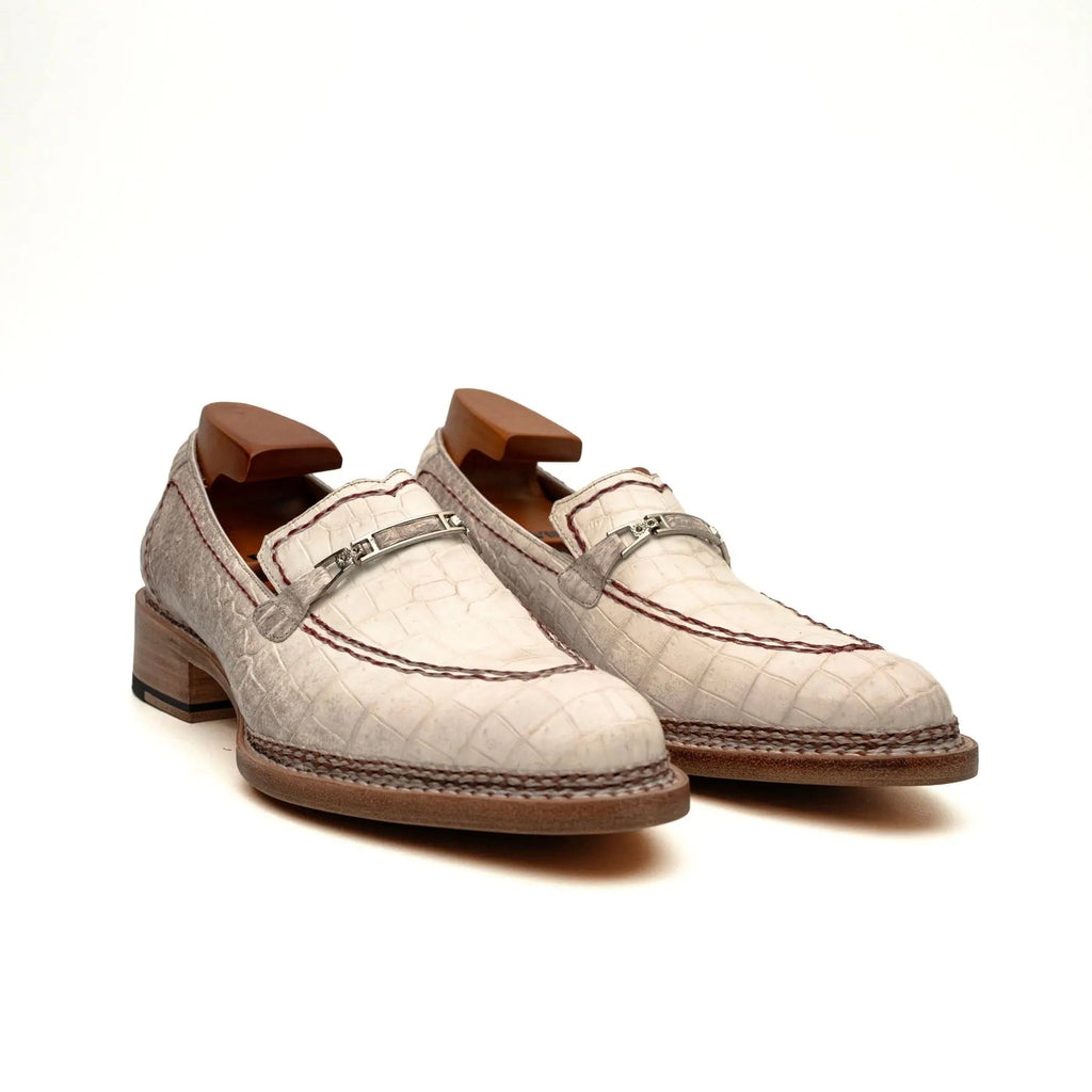 White Apron-Toe Crocodile Leather Loafers
