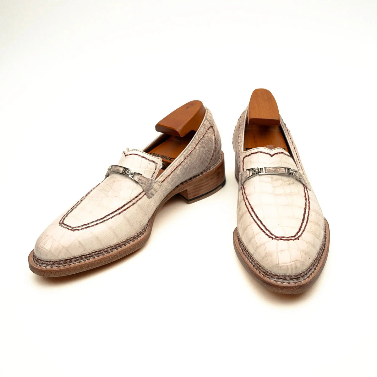 White Apron-Toe Crocodile Leather Loafers