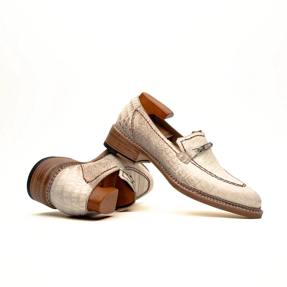 White Apron-Toe Crocodile Leather Loafers