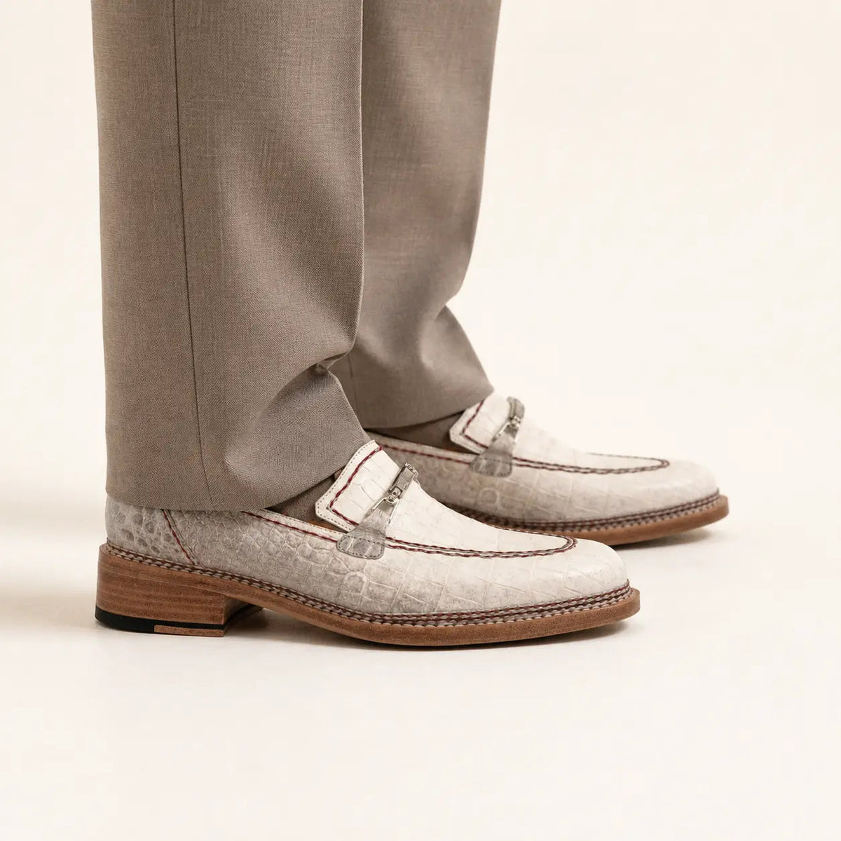 White Apron-Toe Crocodile Leather Loafers