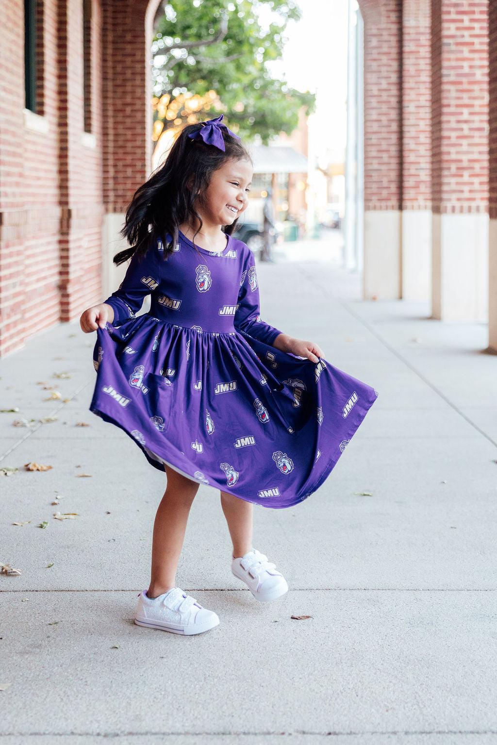 JMU Purple Duke Dog 3/4 Sleeve Pocket Twirl Dress