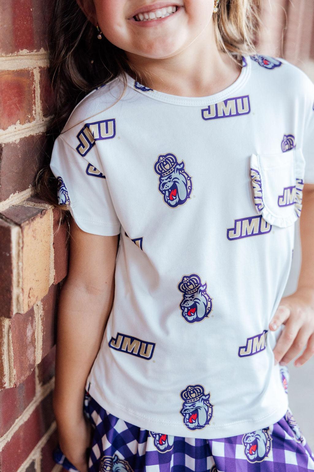 JMU White Duke Dog Ruffle Pocket Tee