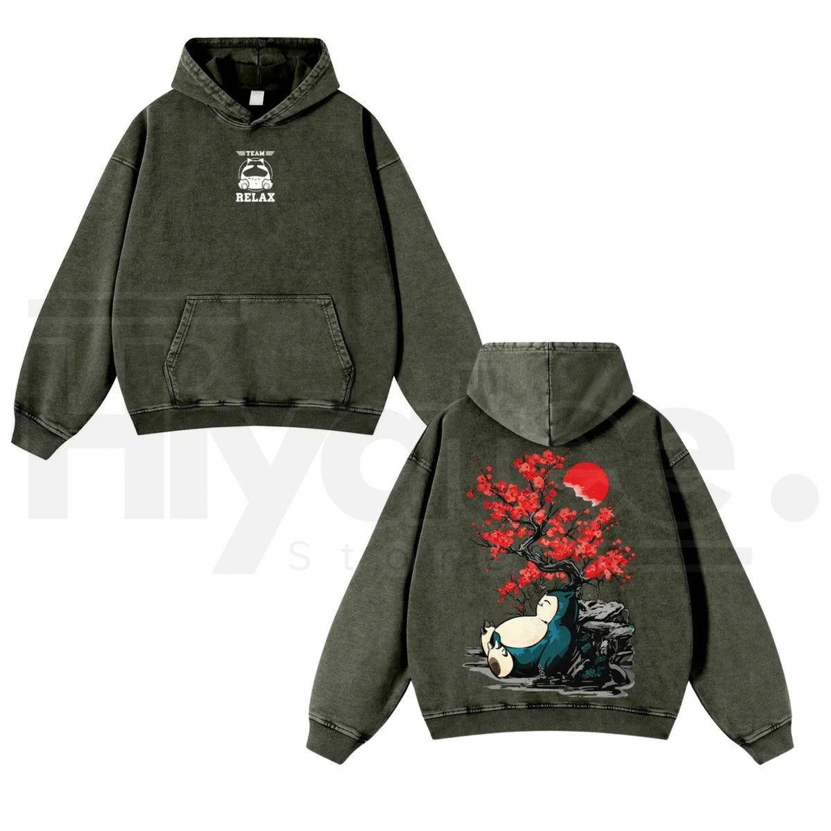 Japanese Red Plum Blossoms & Plump Beast Hoodie – Ink-Wash Art, Y2K Vintage Washed