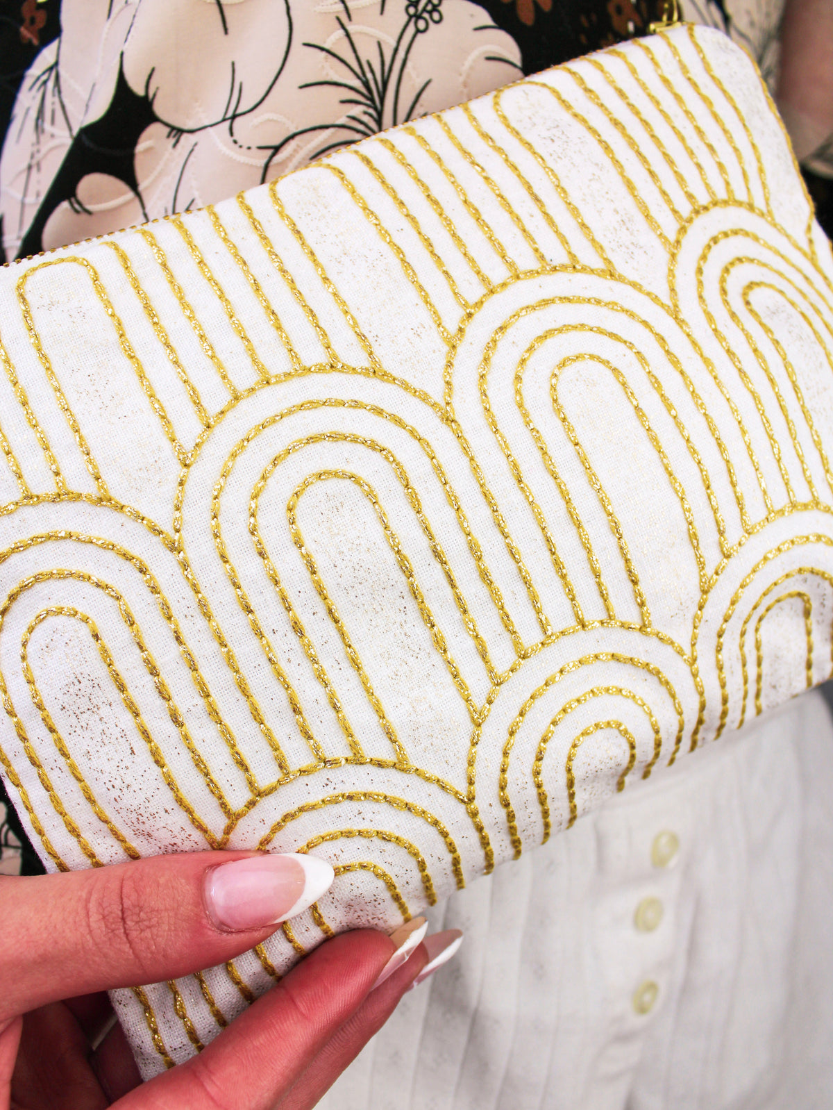 Art Deco Embroidered Gold and White Wristlet Purse