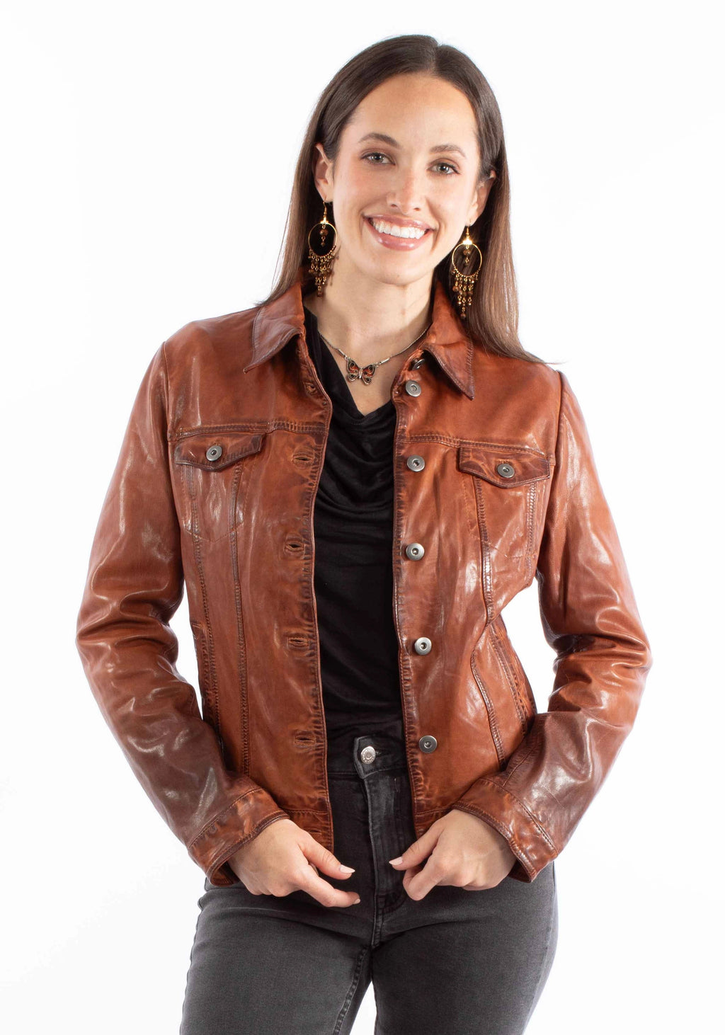 Scully Washed Buttons - Women's Leather Jean Jacket