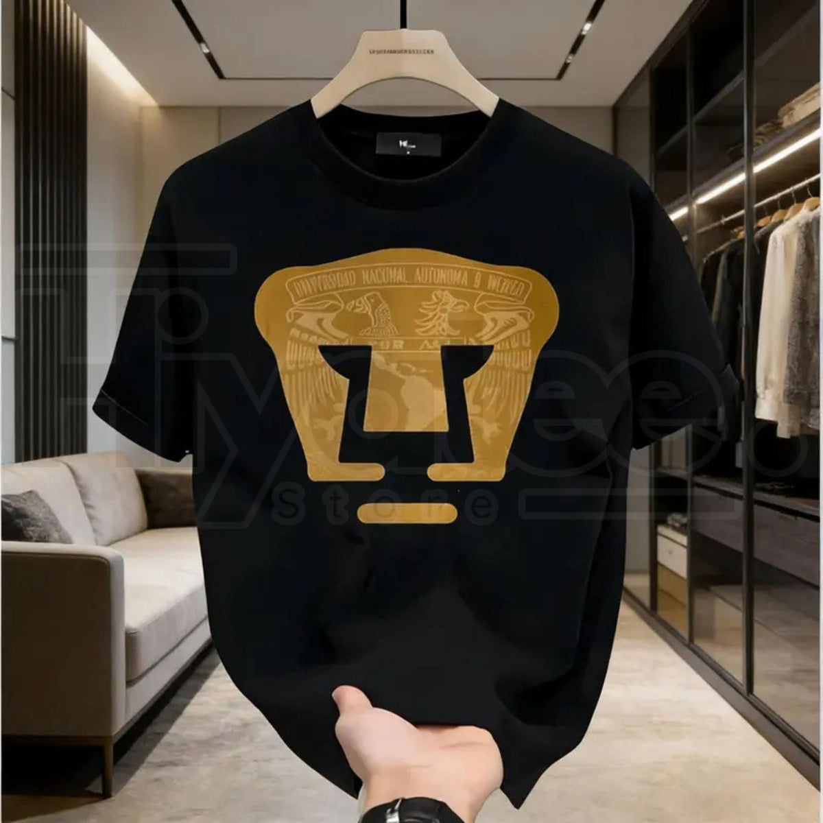 LIGA MX PUMAS UNAM T-Shirt – High-Quality Gold Emblem Football Club Crewneck, Menswear Graphic Tee