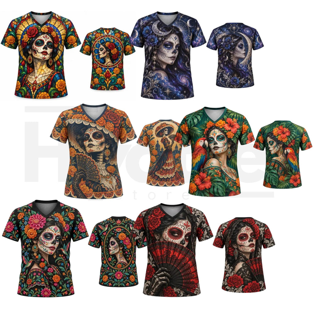 Lady's Mexican Día de los Muertos Skull La Catrina V-Neck Sports Top