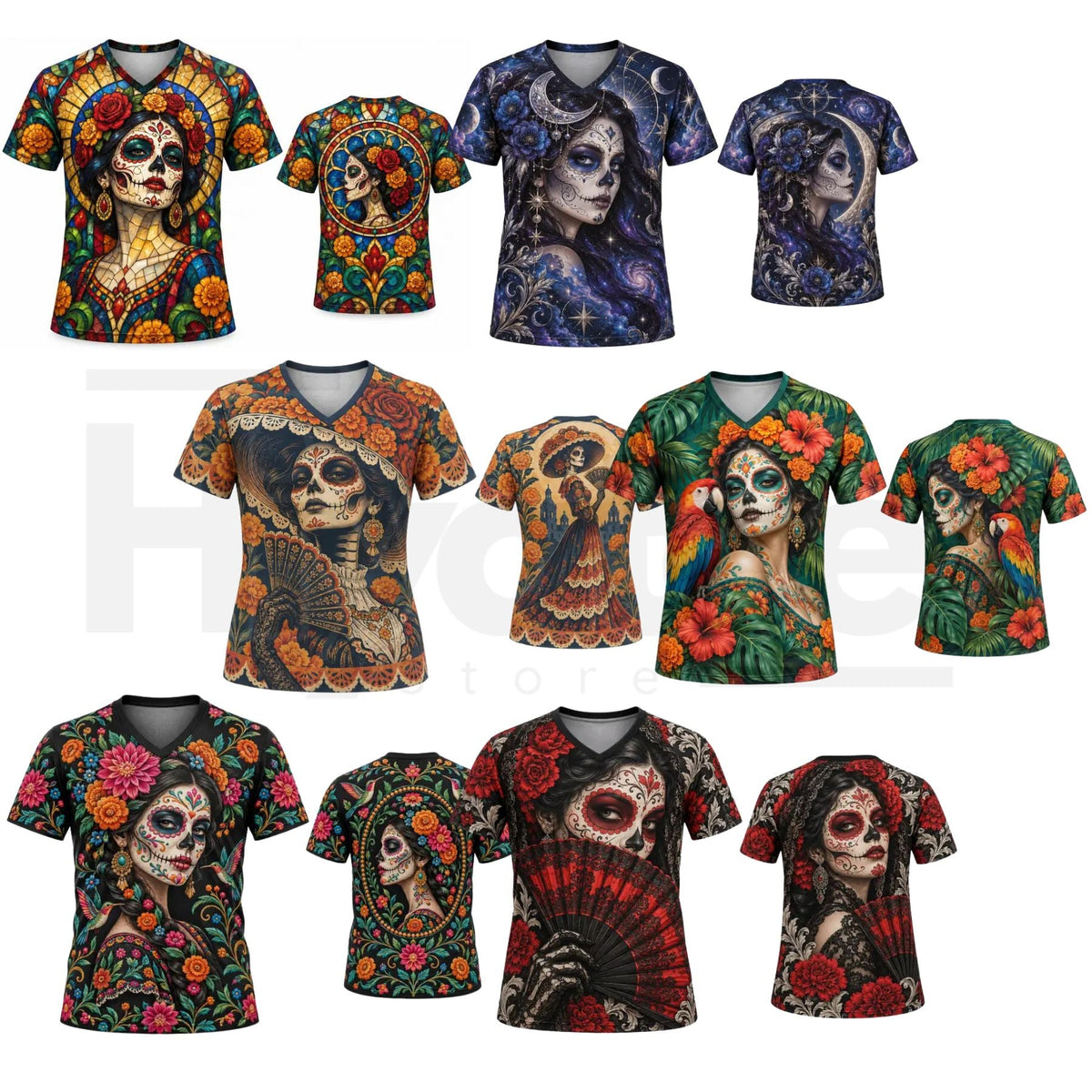 Lady's Mexican Día de los Muertos Skull La Catrina V-Neck Sports Top