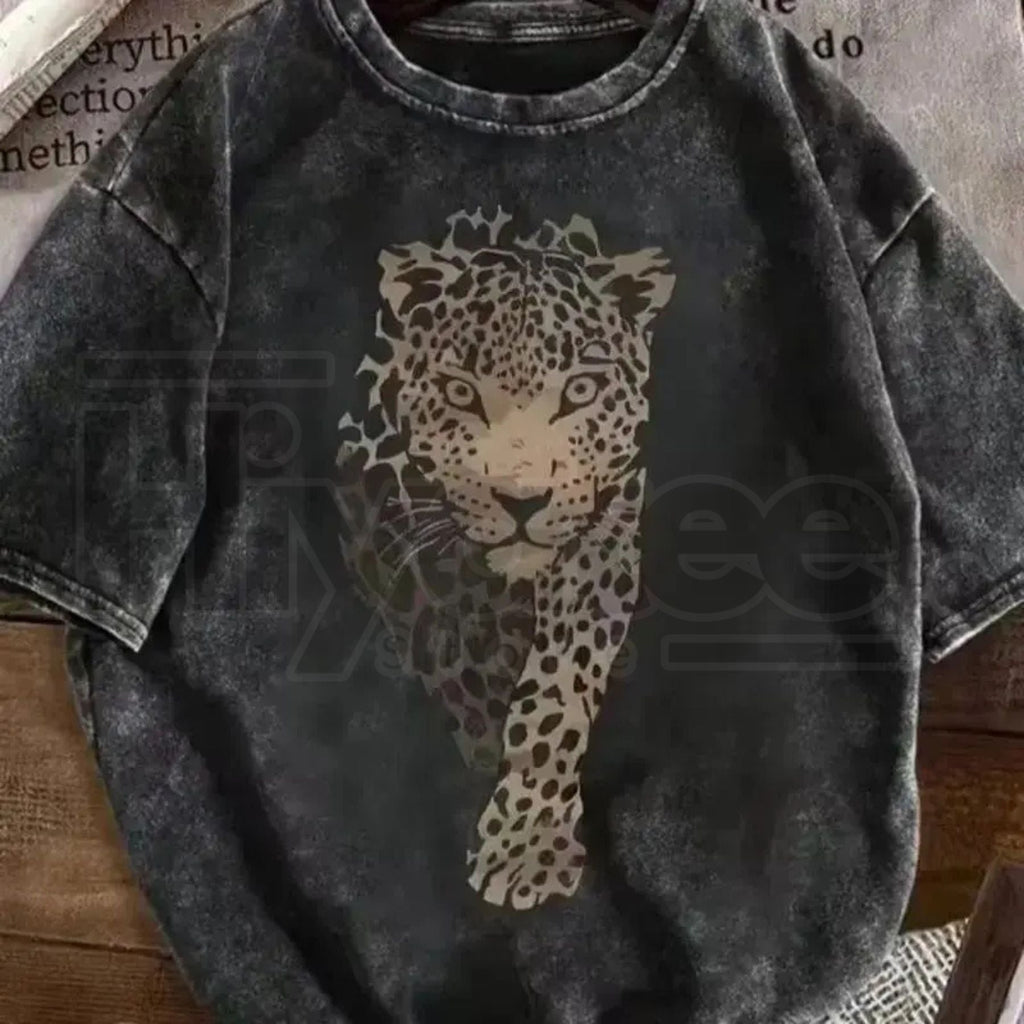 Leopard Print Women's Vintage Casual T-Shirt – 230g Heavy Cotton Retro Street Style Tee