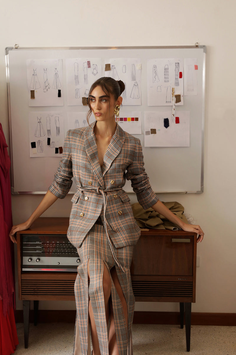 MARCELA TAILORED JACKET SUIT IN GREY PLAID