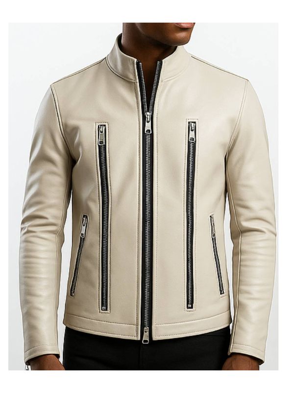 Men's Mason White Leather Biker Jacket