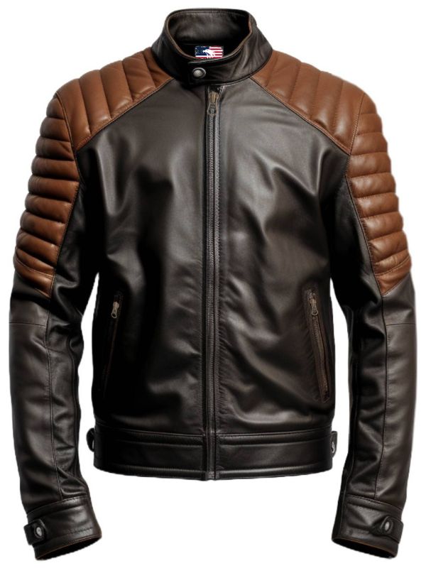 Men's Black and Brown Leather Biker Jacket