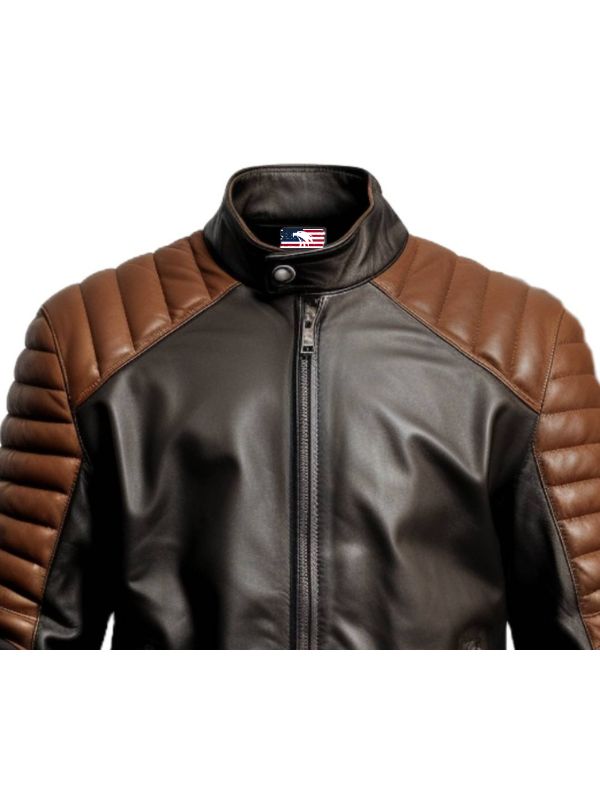 Men's Black and Brown Leather Biker Jacket