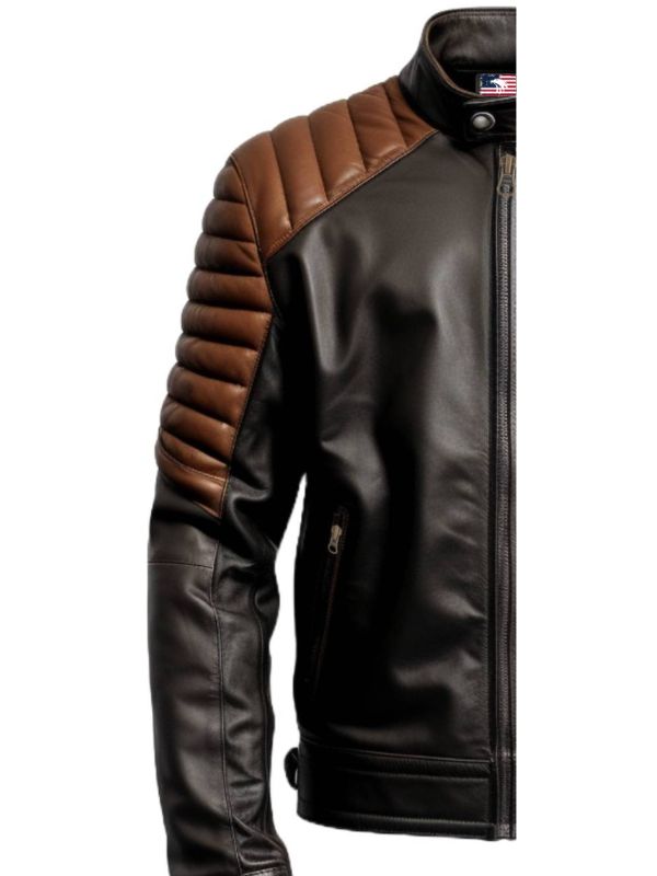 Men's Black and Brown Leather Biker Jacket