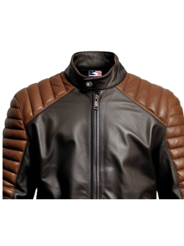 Men's Black and Brown Leather Biker Jacket