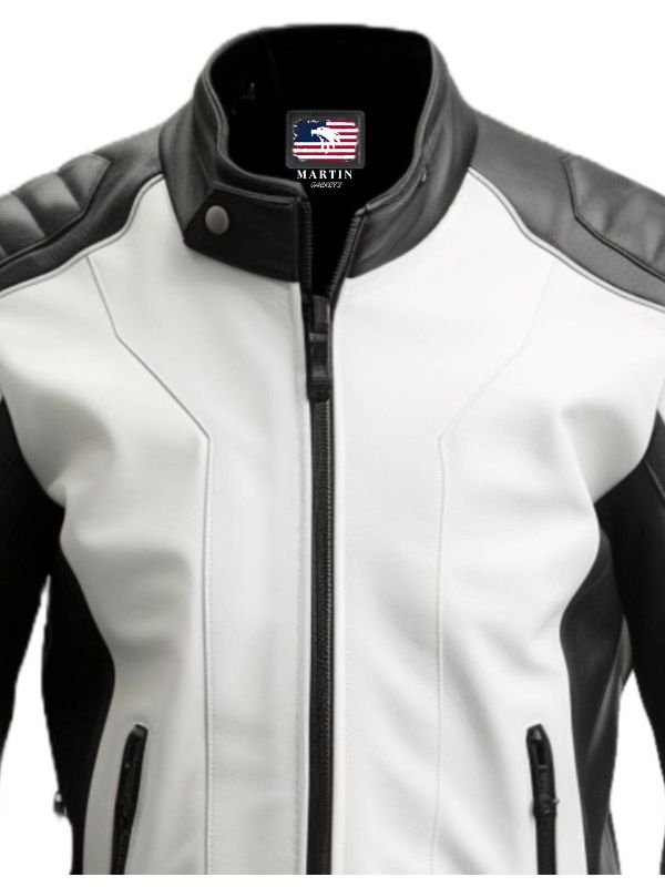 Men Black White Faux Leather Jacket - Biker Leather Jacket