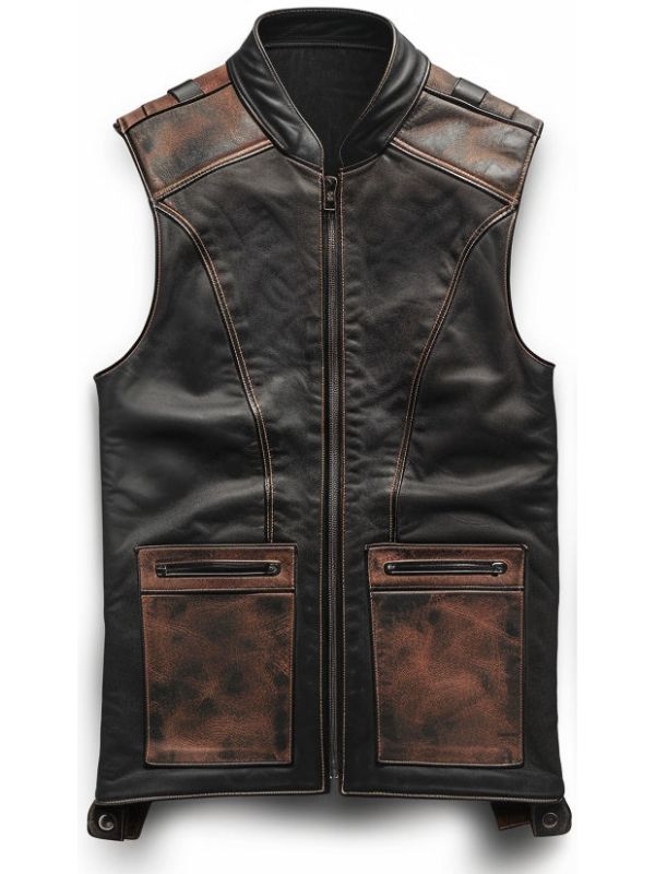 Men Brown Black Leather Vest