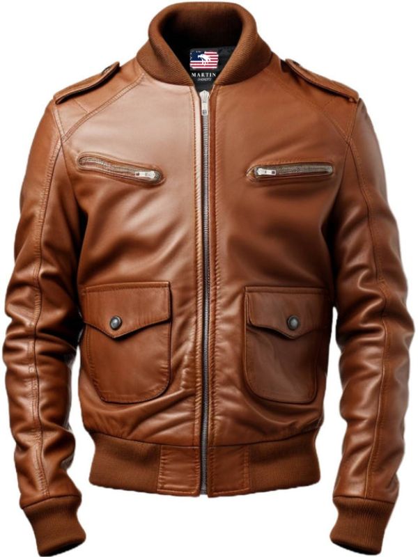 Men's Brown Leather Strap Pocket Jacket