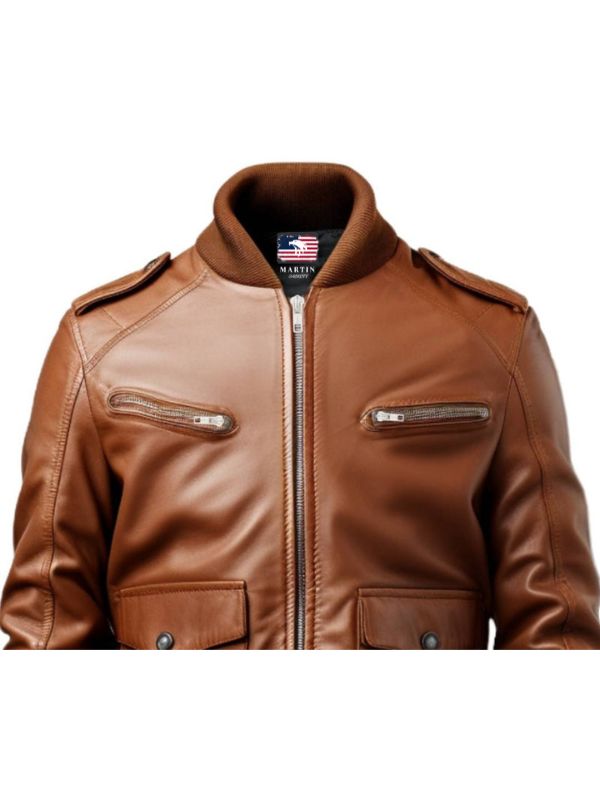 Men's Brown Leather Strap Pocket Jacket
