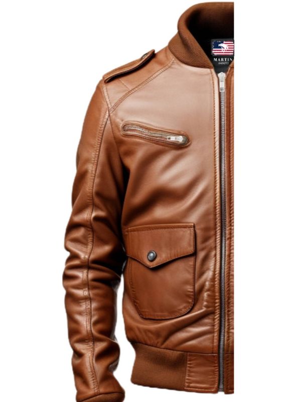 Men's Brown Leather Strap Pocket Jacket