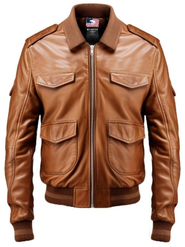 Men's Brown Strap-Pocket Leather Bomber Jacket