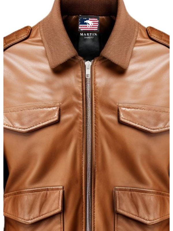 Men's Brown Strap-Pocket Leather Bomber Jacket