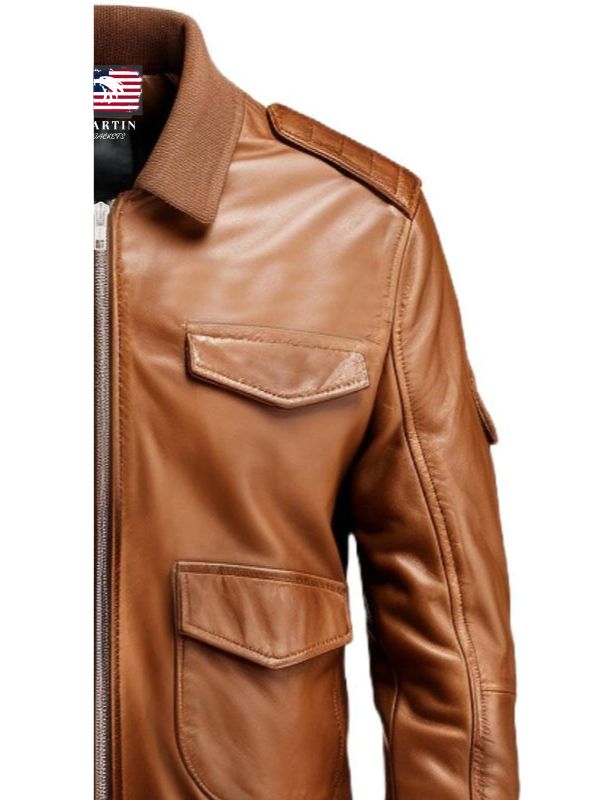 Men's Brown Strap-Pocket Leather Bomber Jacket