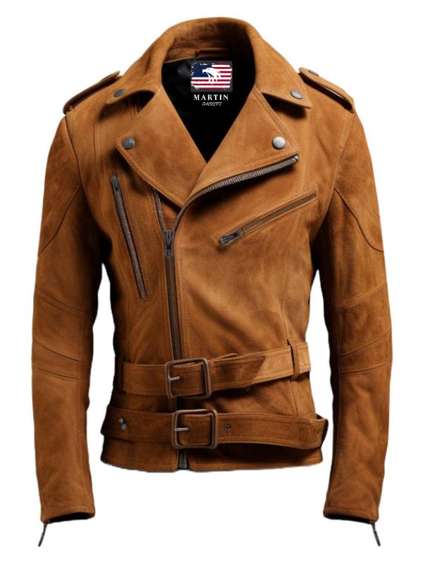 Men's Brown Double-Belted Suede Biker Jacket