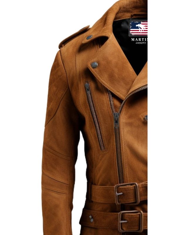 Men's Brown Double-Belted Suede Biker Jacket