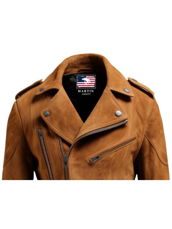 Men's Brown Double-Belted Suede Biker Jacket