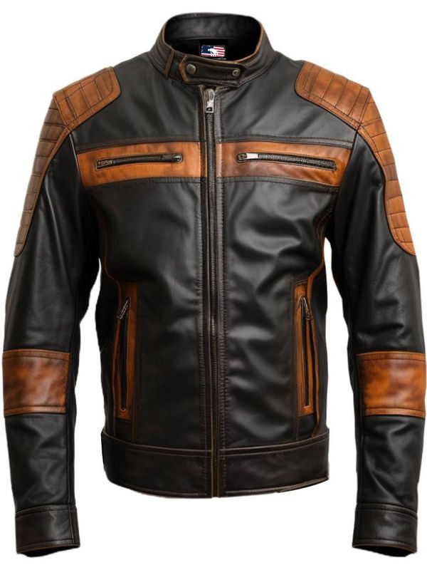 Men's Orange and Black Waxed Leather Jacket