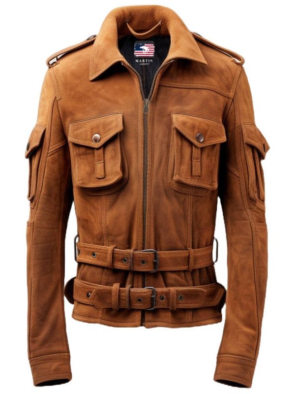 Men's Military Suede Camel Suede Leather Biker Jacket