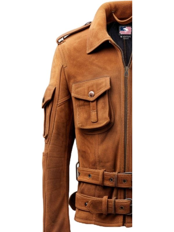 Men's Military Suede Camel Suede Leather Biker Jacket