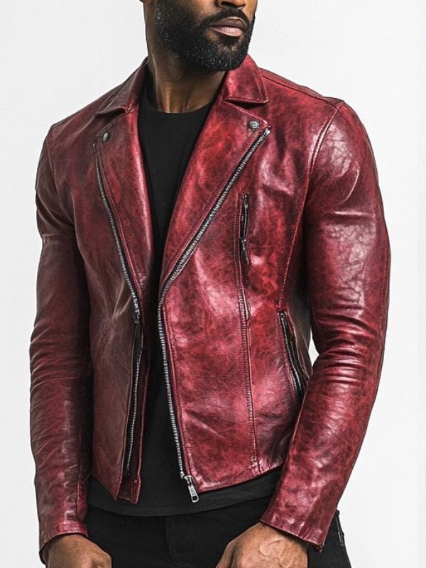 Men's Red Distressed Leather Biker Jacket