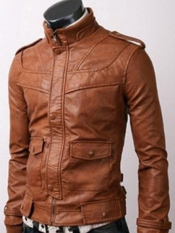 Men's Tan Brown Slim Fit Leather Jacket